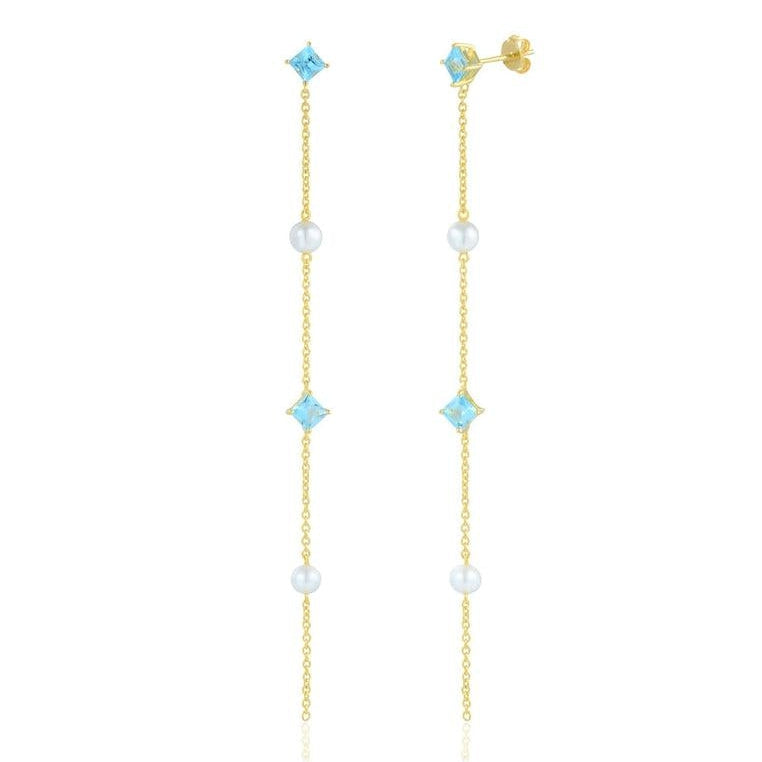 18K Gold Vermeil Dangling Earrings with Swiss Blue Topaz and Natural Freshwater Pearl