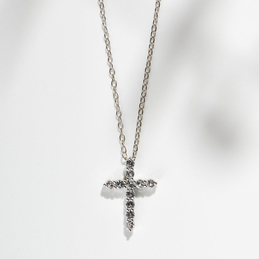 Sterling Silver Cross Necklace with Natural White Topaz