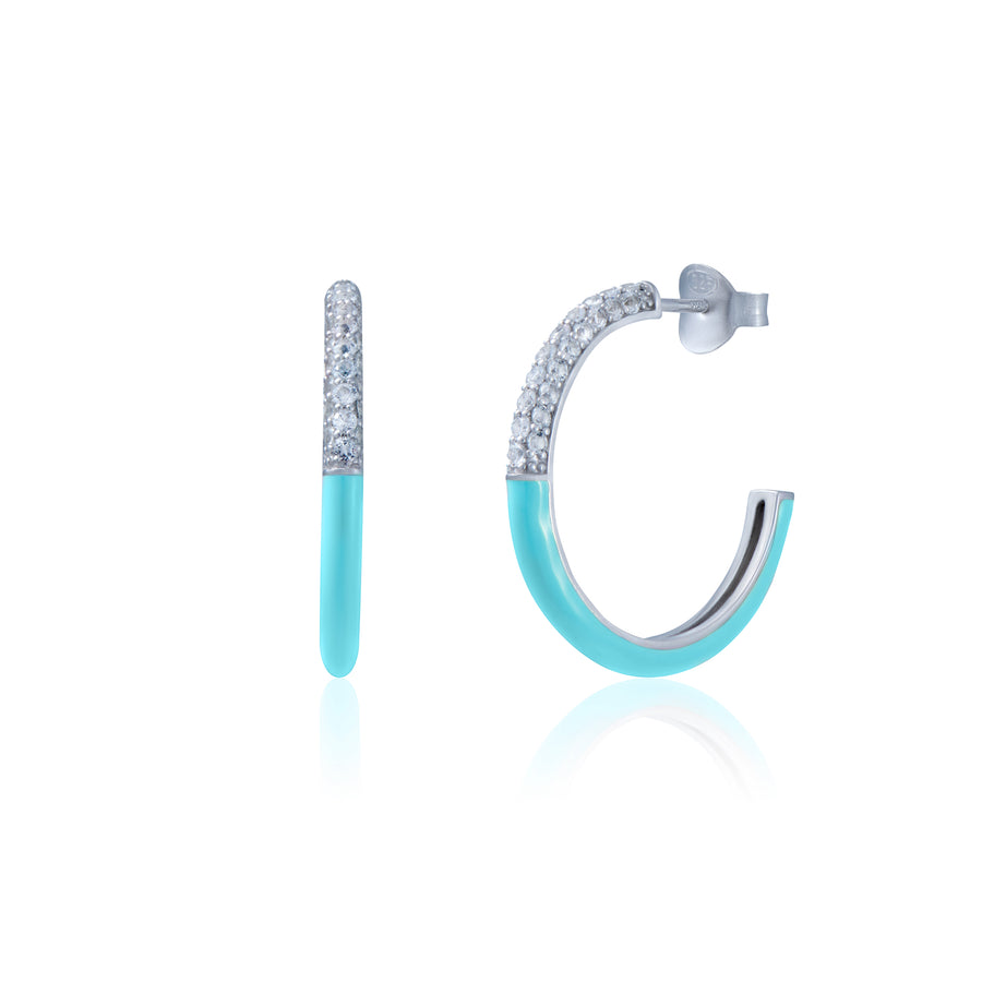 Sterling Silver Tiffany Blue Enamel Hoop Earring with White Topaz