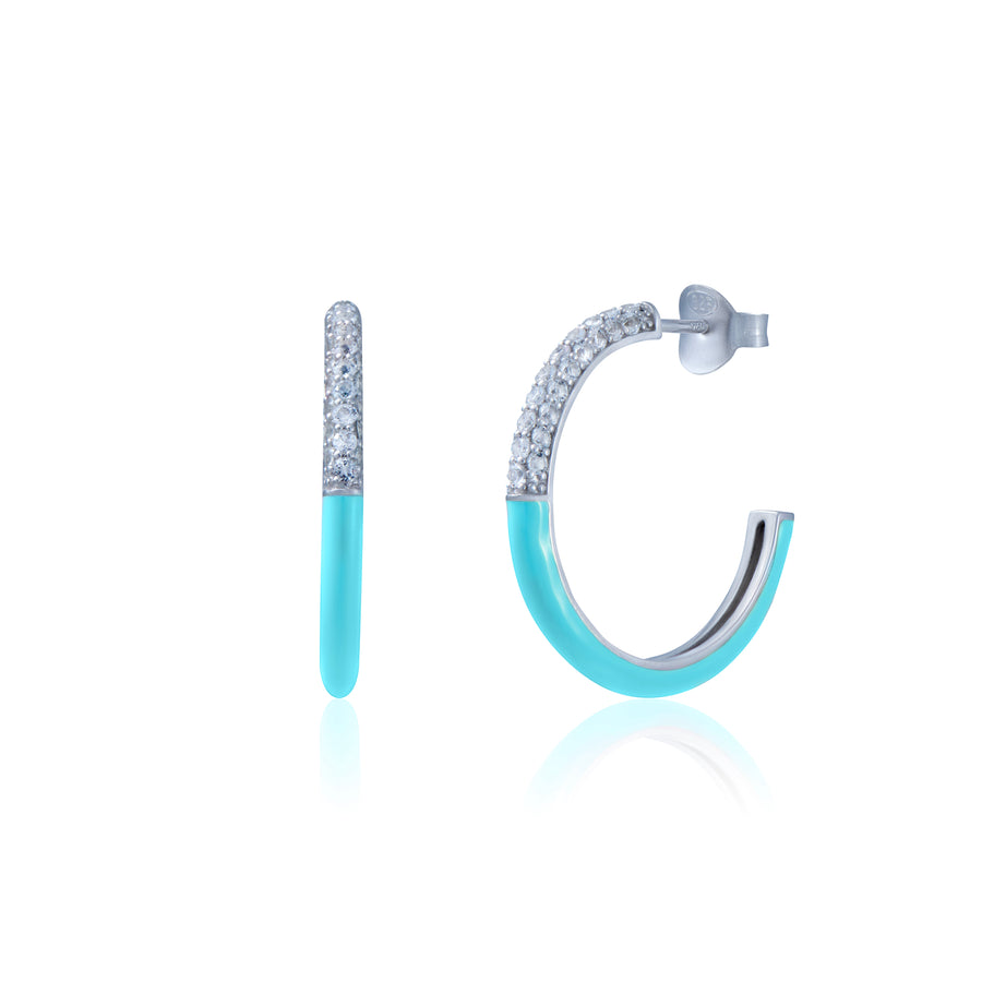 Sterling Silver Tiffany Blue Enamel Hoop Earring with White Topaz