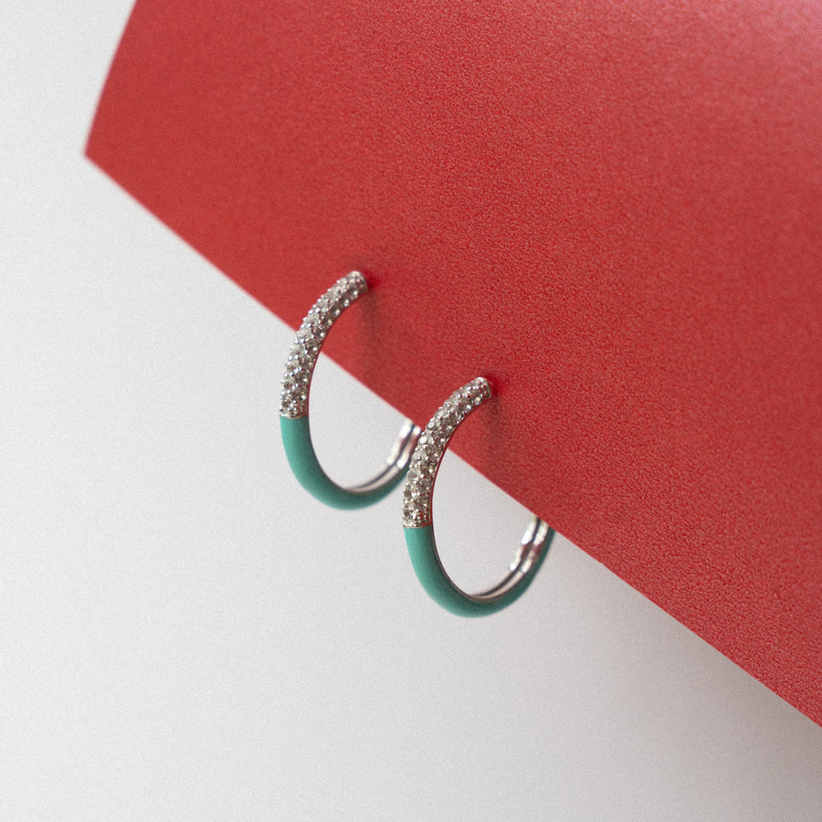 Sterling Silver Tiffany Blue Enamel Hoop Earring with White Topaz