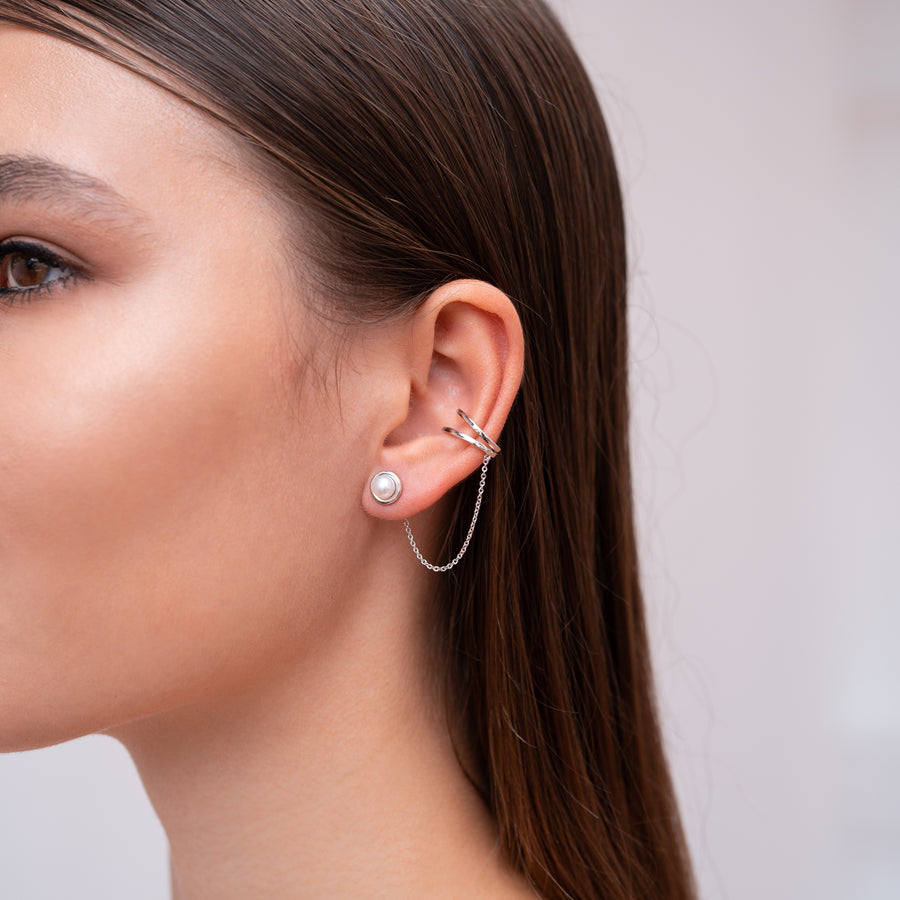 Sterling Silver Ear Cuff with Chain and Natural Freshwater Pear