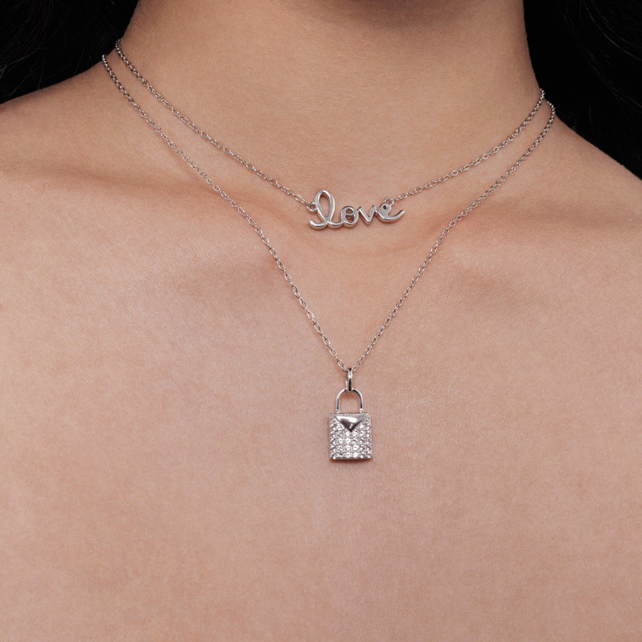 Sterling Silver Padlock Necklace with White Topaz