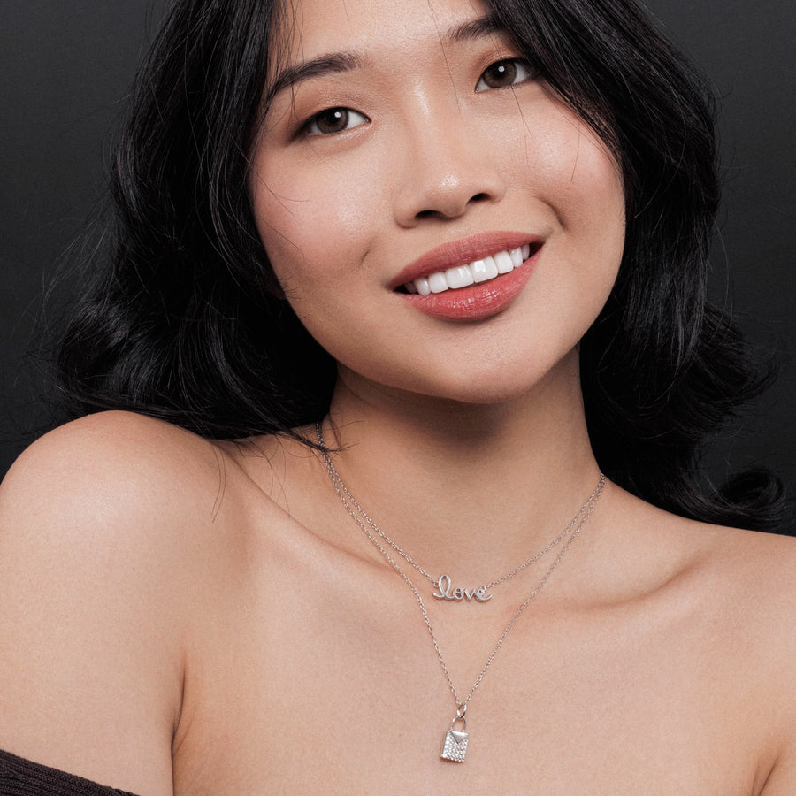 Sterling Silver Padlock Necklace with White Topaz