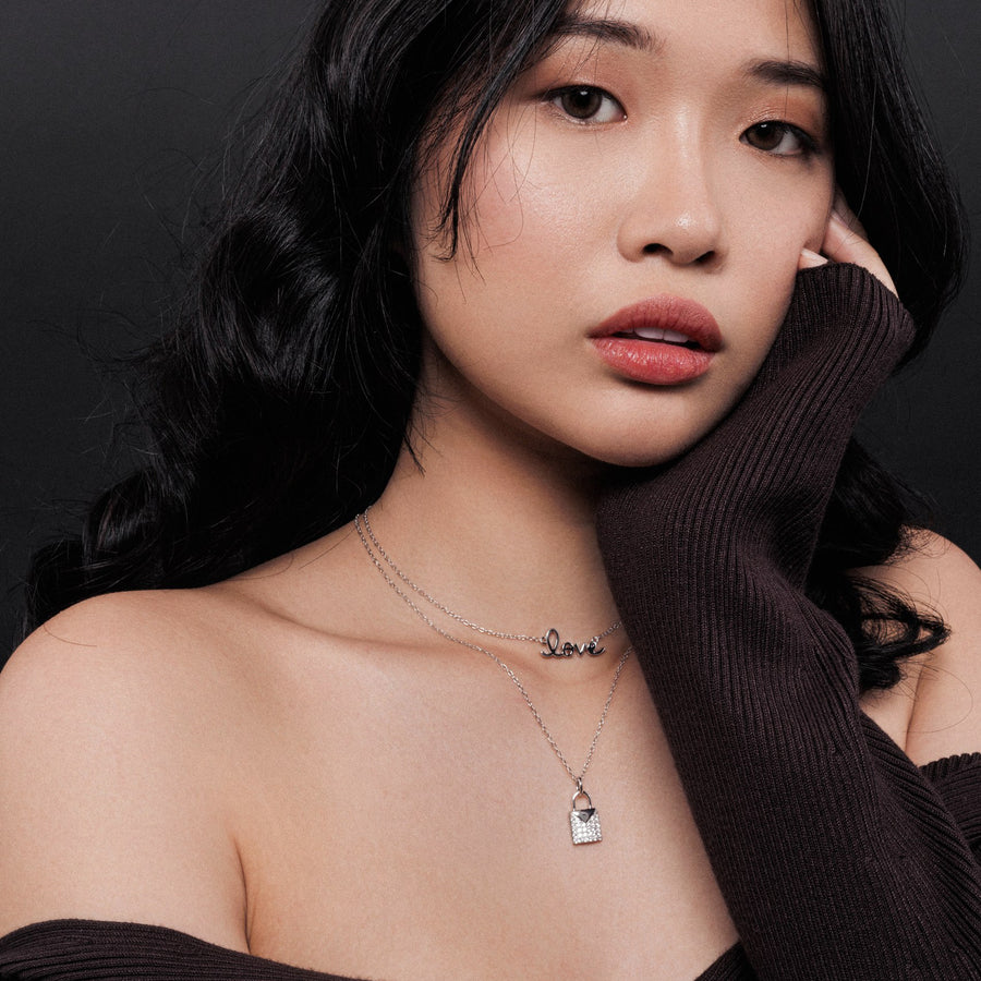 Sterling Silver Padlock Necklace with White Topaz