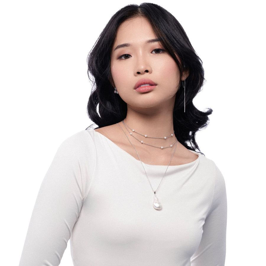 Sterling Silver Station Necklace with Freshwater Pearl