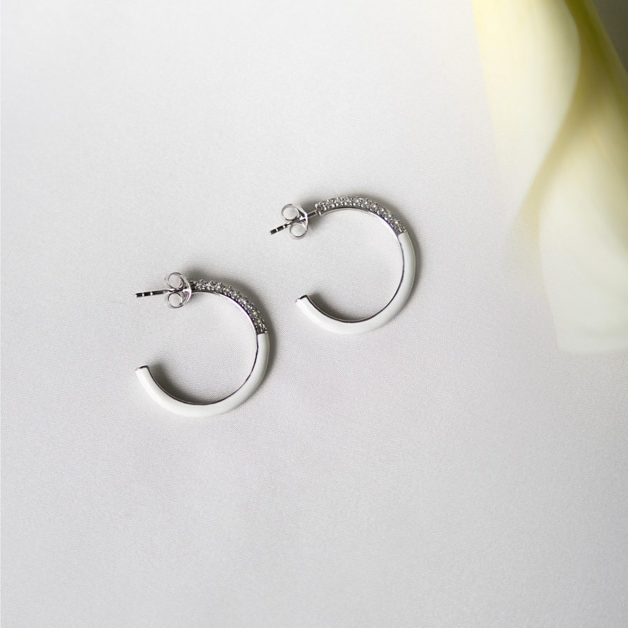 Sterling Silver Enamel Hoop Earring with Natural White Topaz
