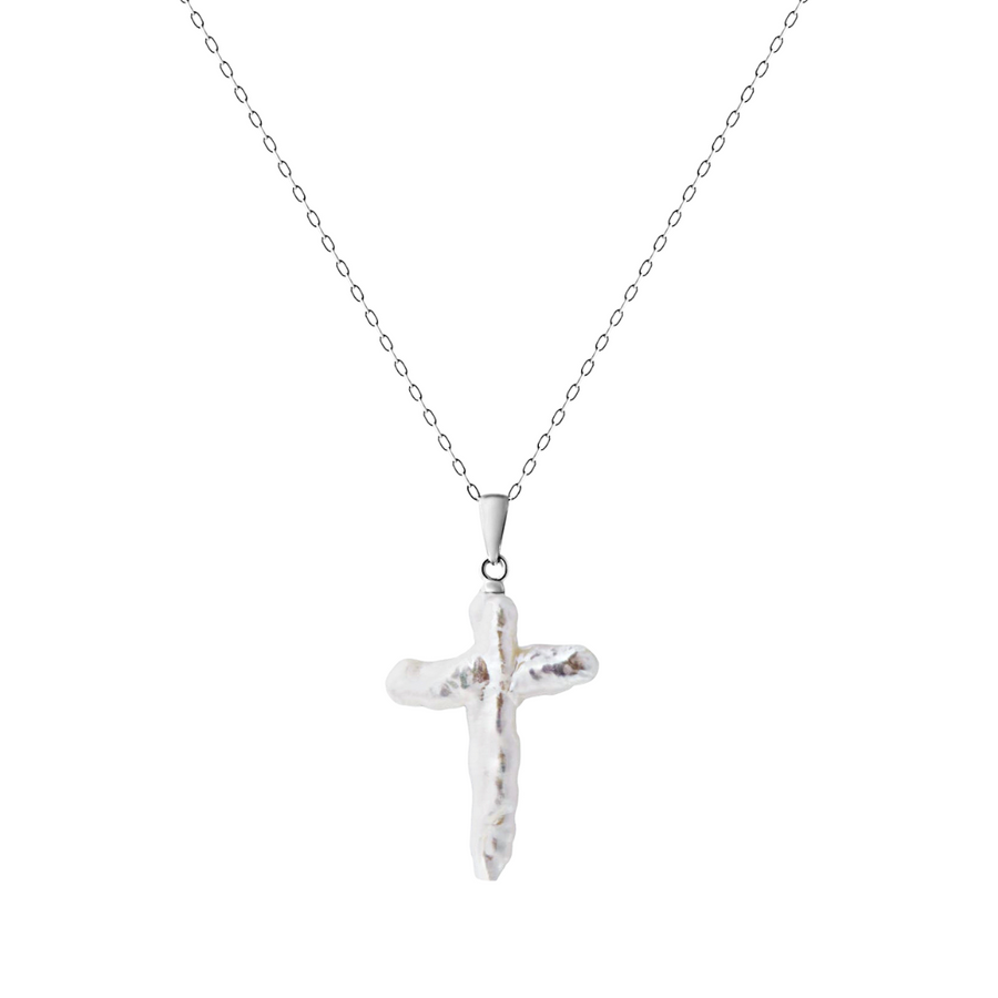 Sterling Silver Cross Shaped Baroque Pearl Necklace