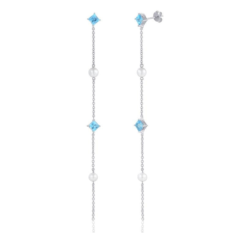 Sterling Silver Dangling Earrings with Natural Freshwater Pearl and Swiss Blue Topaz
