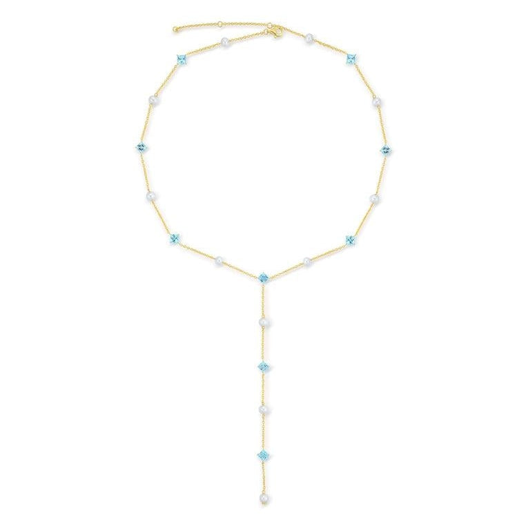 18K Gold Vermeil Y Necklace with Swiss Blue Topaz and Natural Freshwater Pearl