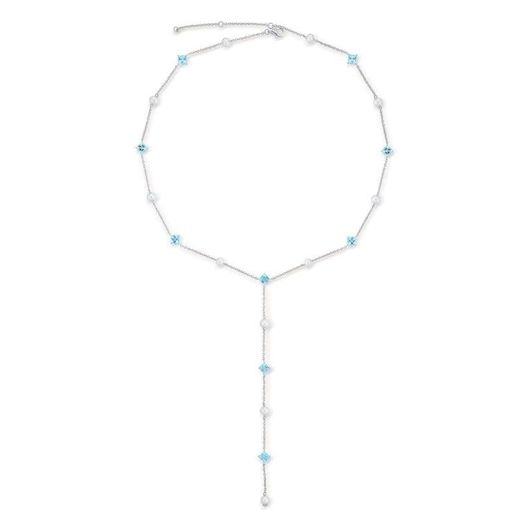 Sterling Silver Y Necklace with Swiss Blue Topaz and Natural Freshwater Pearl
