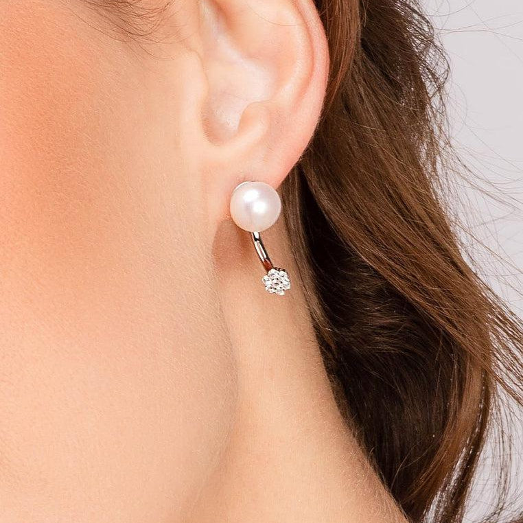 Sterling Silver Ear Jacket Earrings with Natural Freshwater Pearl and White Topaz