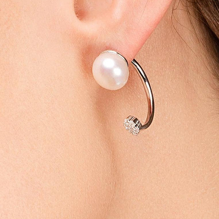 Sterling Silver Ear Jacket Earrings with Natural Freshwater Pearl and White Topaz