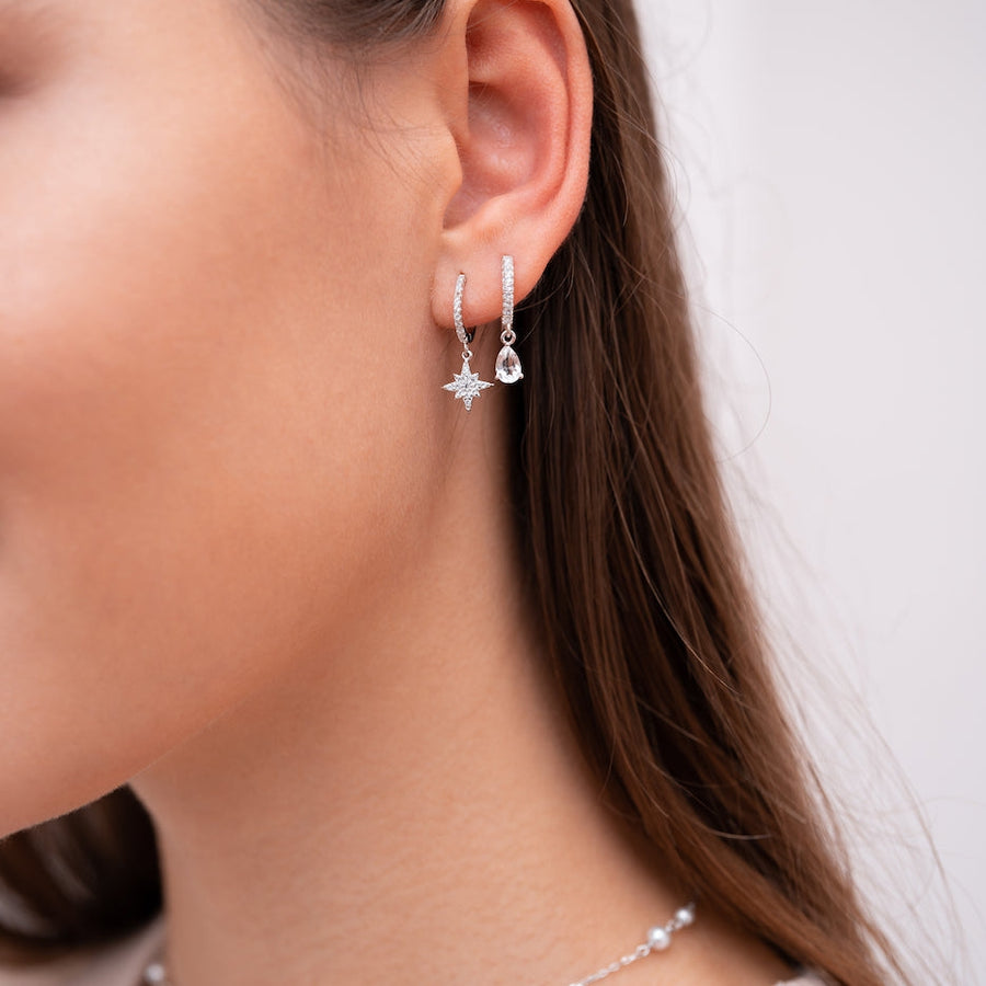 Sterling Silver Star Mono Hanging Earring with White Topaz