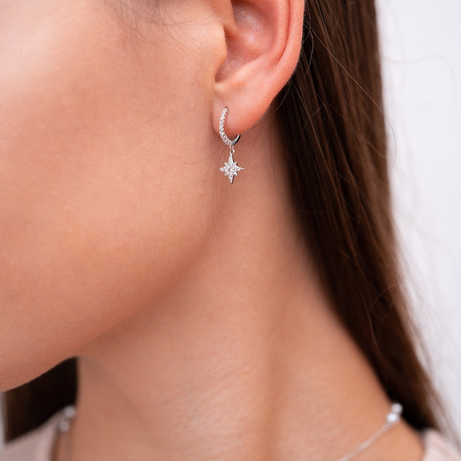 Sterling Silver Star Mono Hanging Earring with White Topaz